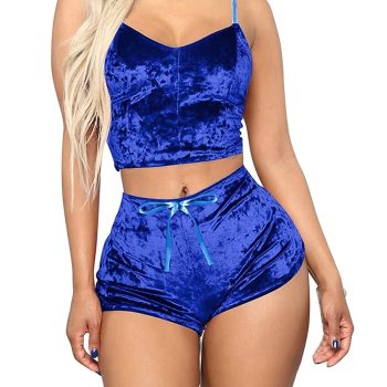 Set pijama sexy din catifea, maiou si pantaloni scurti albastru